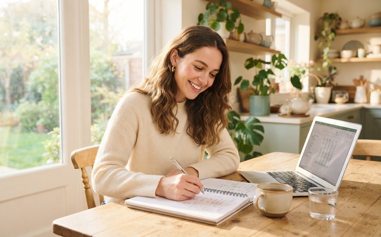 Woman calculating the real hourly return from side work at her kitchen table — www.changeyourlife.money