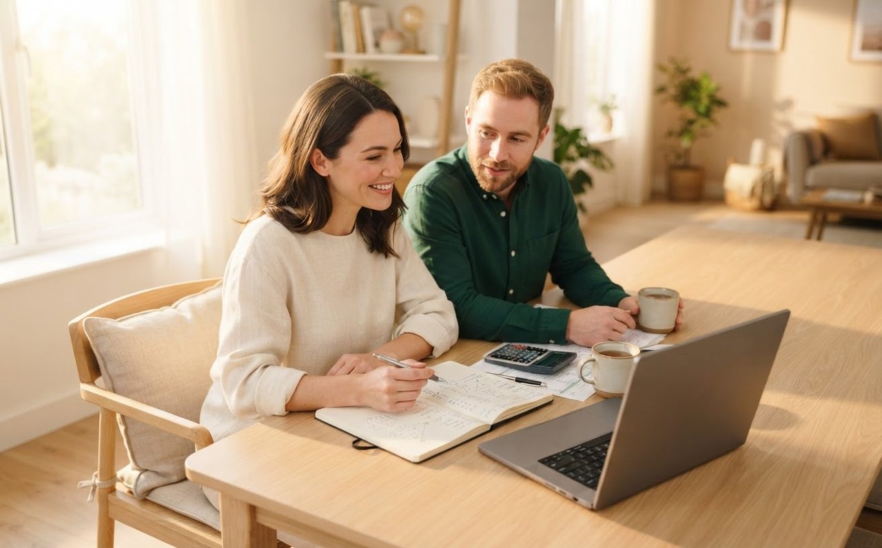 A couple calmly discussing a household budget at their dining table — www.changeyourlife.money