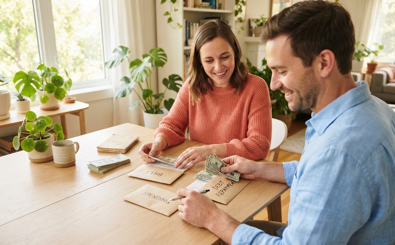 Hands organising separate envelopes for bills, spending and debt repayments — www.changeyourlife.money