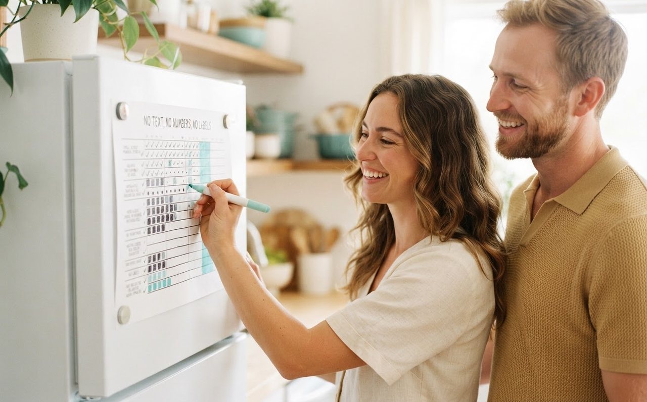 A couple marking debt repayment progress on a fridge chart — www.changeyourlife.money