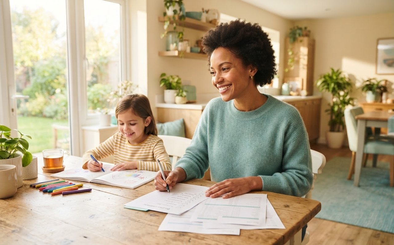 Single mother reviewing household finances at the kitchen table while her child draws nearby — www.changeyourlife.money