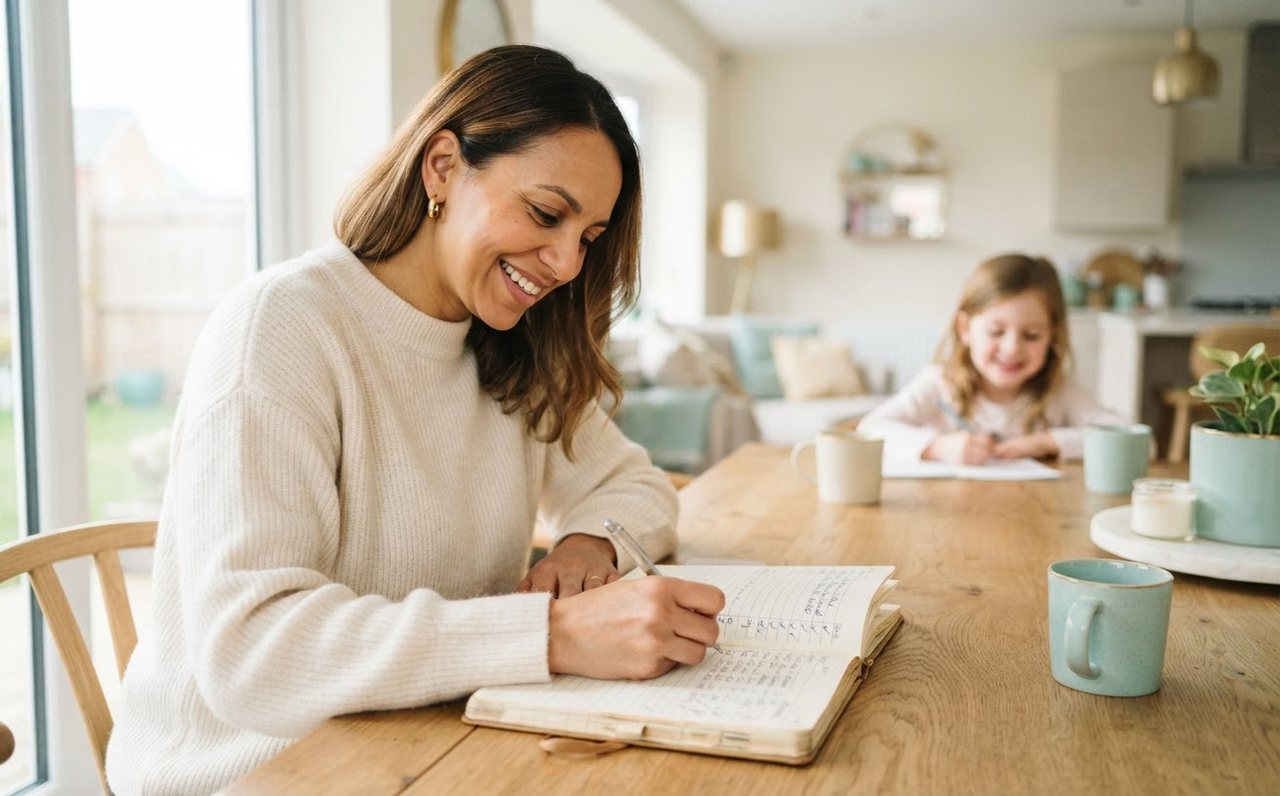 Woman tracking debt repayments in a notebook at her dining table — www.changeyourlife.money