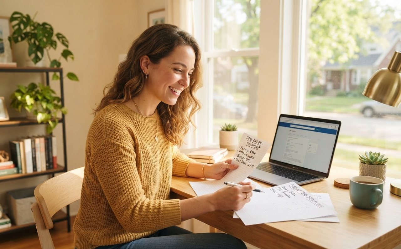 A worker comparing job opportunities and salary notes at home — www.changeyourlife.money