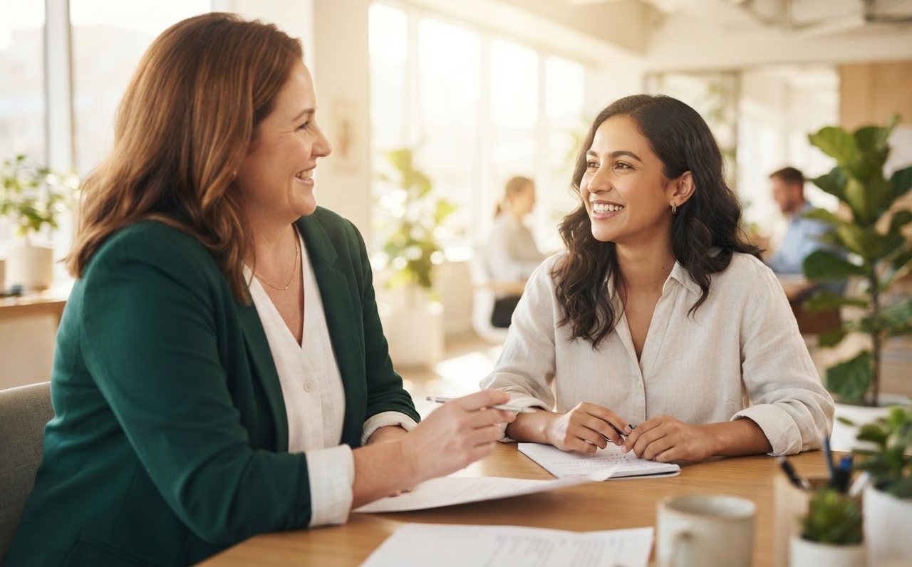 An employee having a calm pay review conversation with a manager — www.changeyourlife.money