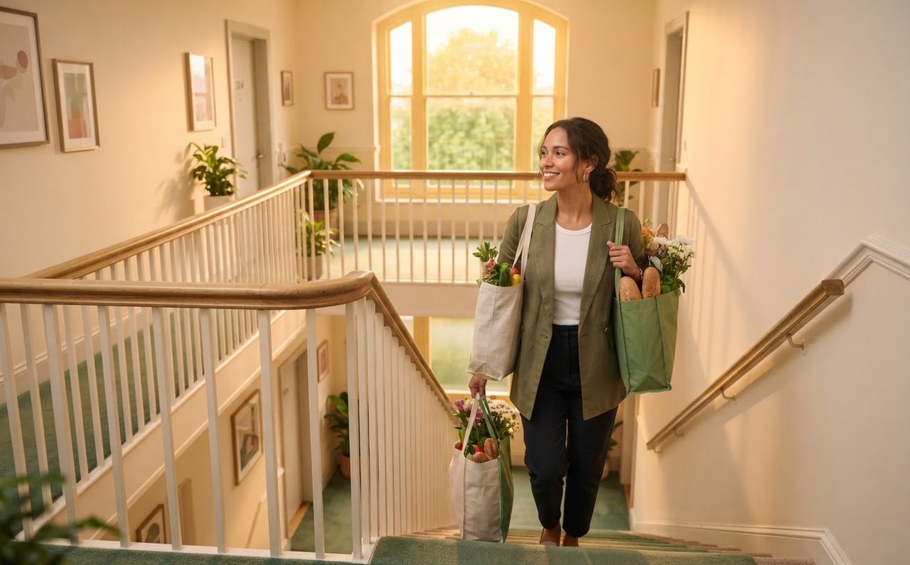 A renter carrying groceries upstairs to an apartment after work — www.changeyourlife.money