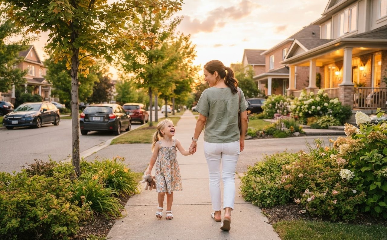 A parent and child walking home through a suburban neighbourhood at sunset — www.changeyourlife.money