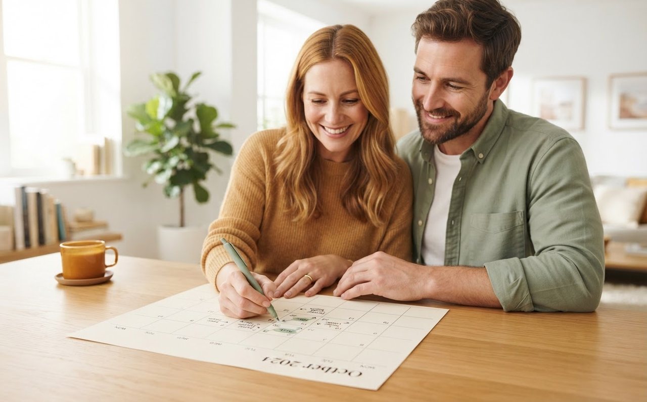 Couple planning fortnightly mortgage repayments using a calendar — www.changeyourlife.money