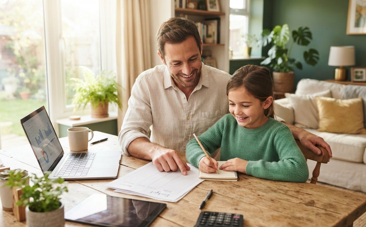 Father and daughter at home while household finances are kept organised — www.changeyourlife.money