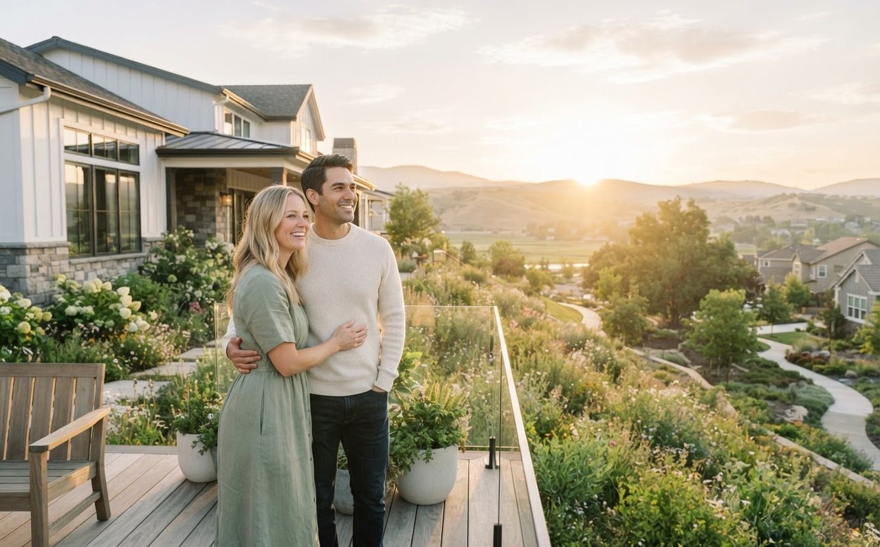 Homeowners looking hopeful outside their home at sunrise — www.changeyourlife.money