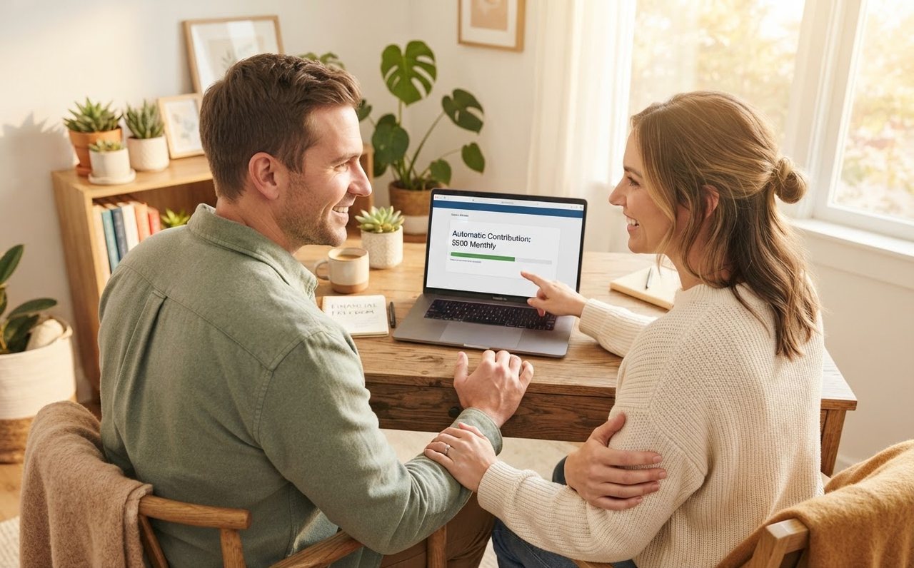 A couple setting up a small automatic investment contribution at home — www.changeyourlife.money