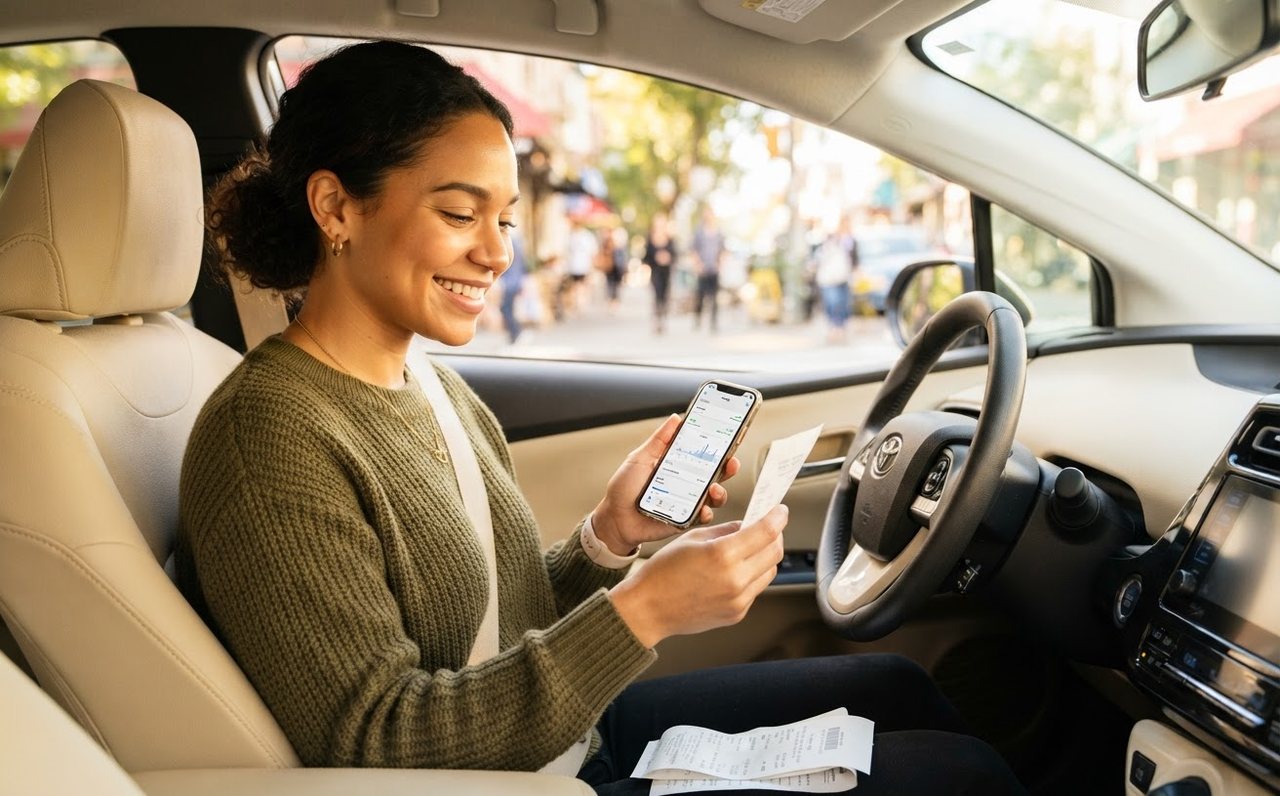 Rideshare driver reviewing trip earnings and fuel receipt in a parked car at dusk — www.changeyourlife.money