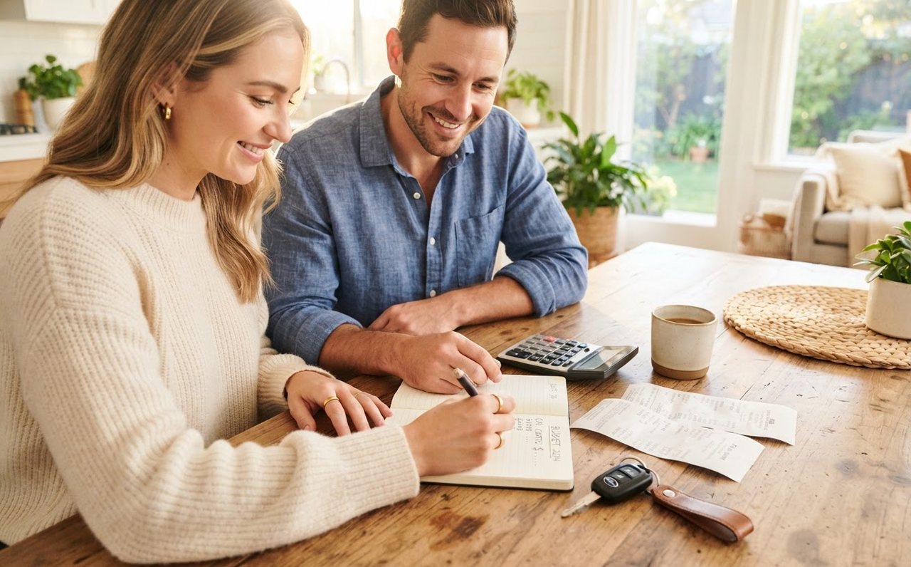 Hands calculating vehicle costs at a kitchen table with receipts and car keys — www.changeyourlife.money