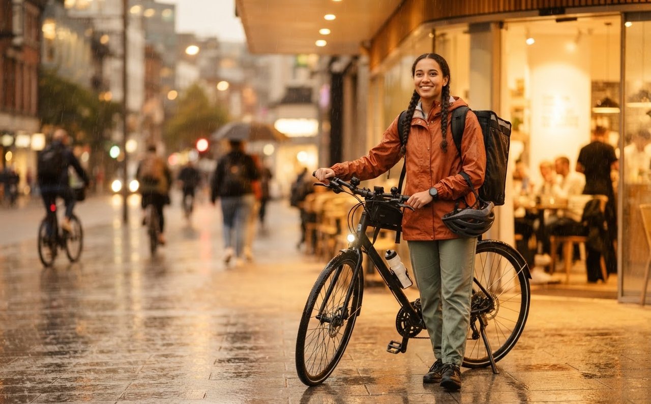 Food delivery cyclist waiting beside a bicycle on a rainy evening — www.changeyourlife.money