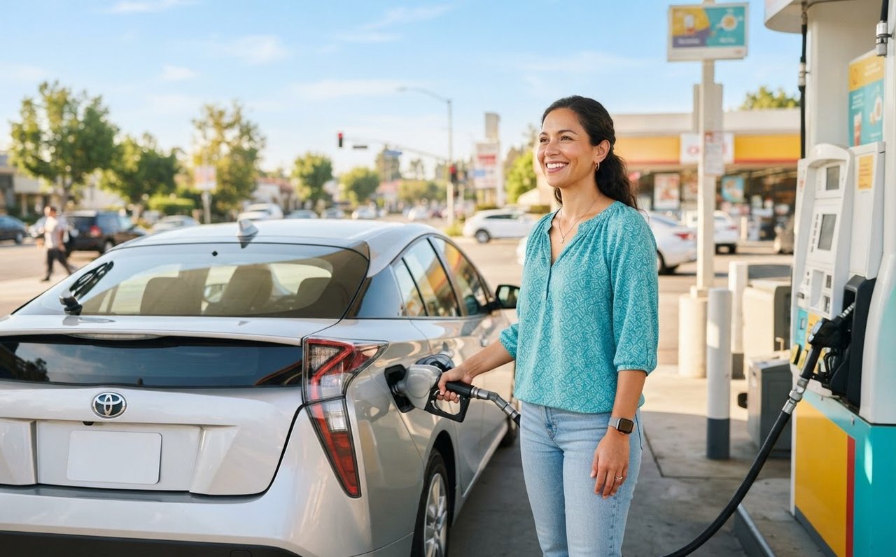 Driver refuelling a car at night before rideshare work — www.changeyourlife.money