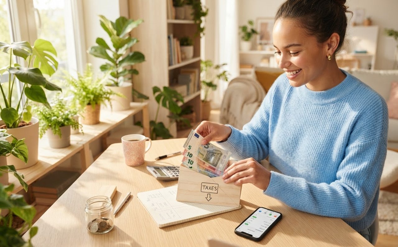 Person setting aside part of gig income at home for upcoming tax — www.changeyourlife.money