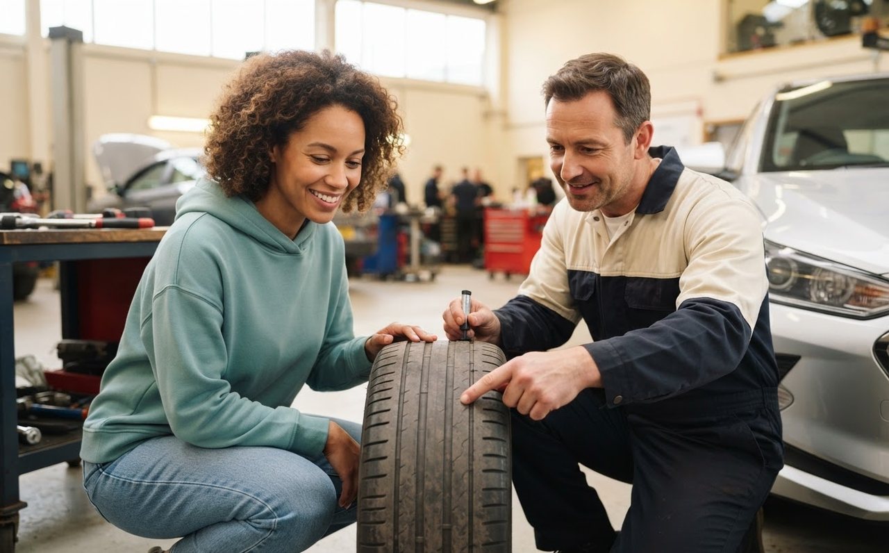 Mechanic and driver inspecting tyre wear on a car used for gig work — www.changeyourlife.money