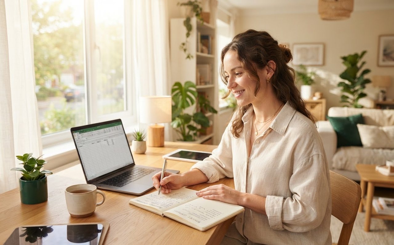 Woman comparing her budget with career options at a home desk — www.changeyourlife.money