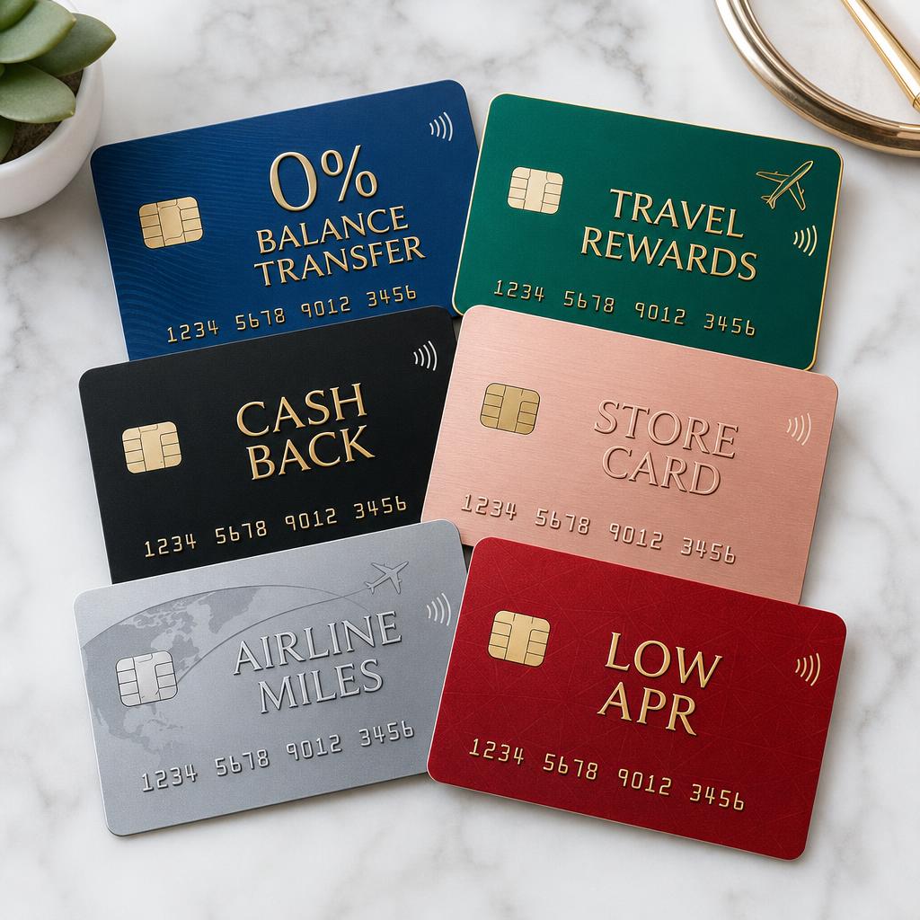 A collection of credit cards on a marble surface labelled 0% Balance Transfer, Travel Rewards, Cash Back, Store Card, Airline Miles, and Low APR — www.changeyourlife.money