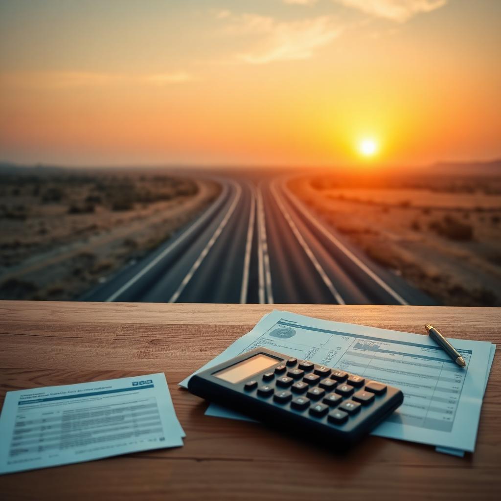 Two roads merging into one smooth highway at sunrise with financial documents and calculator on wooden desk in the foreground — www.changeyourlife.money