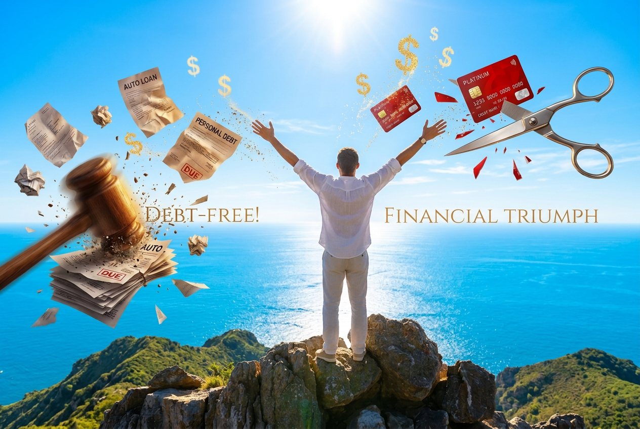 A person standing on a mountain summit at sunrise arms raised, symbolising the freedom of being properly protected — www.changeyourlife.money