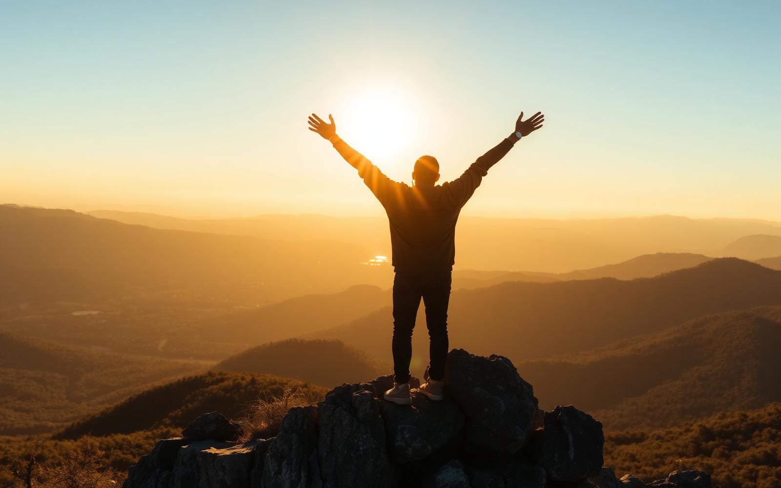 A person standing on a mountain summit at sunrise arms raised, symbolising the freedom of being properly protected