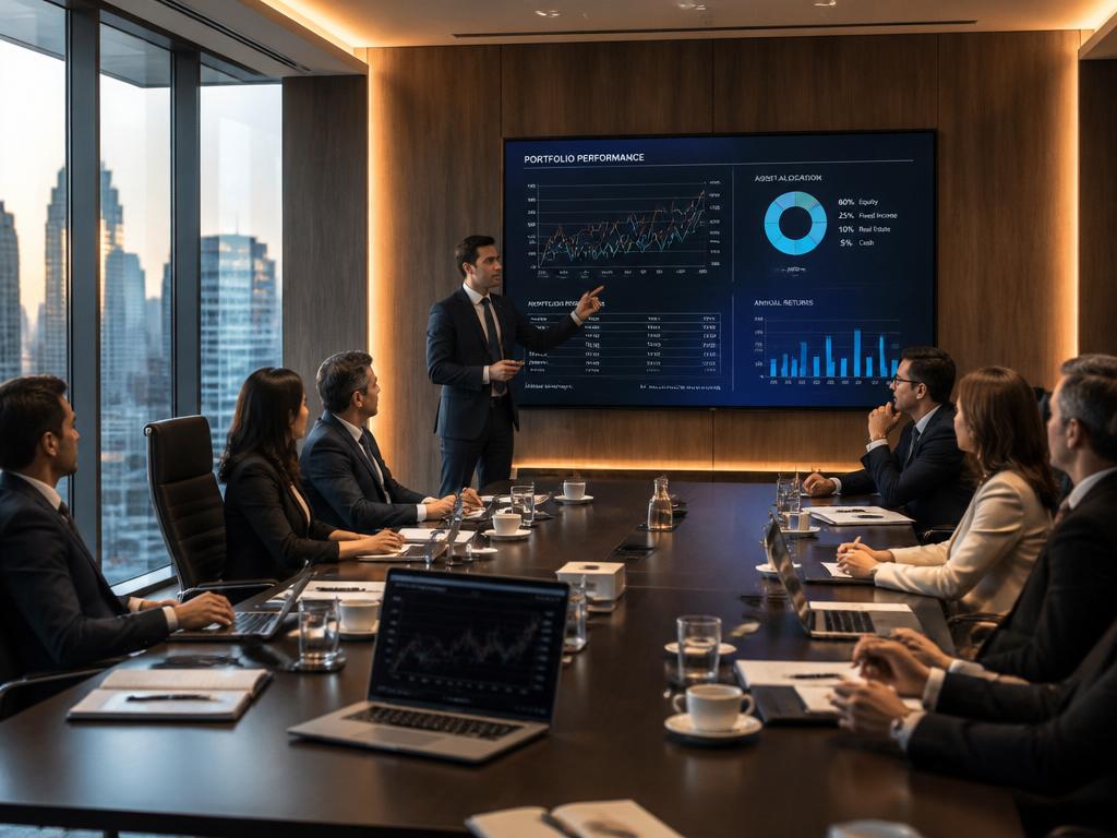 Professional investment education seminar with business people reviewing portfolio performance charts in a modern boardroom