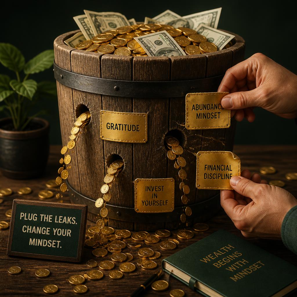 A wooden bucket overflowing with gold coins and dollar bills, with hands patching leaking holes using golden patches labelled with mindset shifts like Gratitude, Abundance Mindset, Invest In Yourself, and Financial Discipline — www.changeyourlife.money